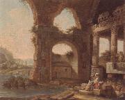 unknow artist An architectural capriccio with washerwomen by a river oil on canvas